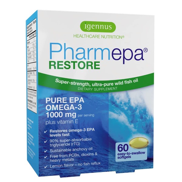 Pharmepa Restore, 1000mg Pure EPA Fish Oil, High Absorption rTG Omega-3, Triple Strength, Wild & Sustainable, Lemon Flavor, 1-Month Supply, 60 Softgels