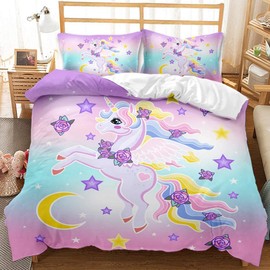 TULTOAP Unicorn Bed Linen 135 x 200 cm Pink Girls Bedding Set Cute Cartoon Rainbow Unicorn Motif Duvet Cover with Pillowcase (A)