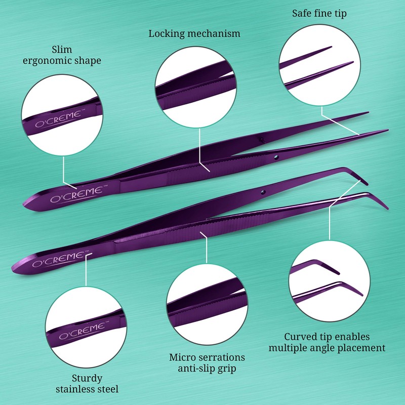 O'Creme Purple Stainless Steel Precision Kitchen Culinary Fine-Tip Tweezer Tongs,