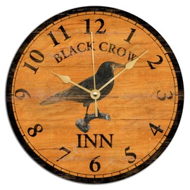 Crow Wood Clock Black Crow Inn Wall Clock Orange Wooden Wall Clock Quality Quartz Battery Clock Silent Vintage Farmhouse Rustic Decor for Living Room Bedroom Office Classroom 12Inch Birthday Gift