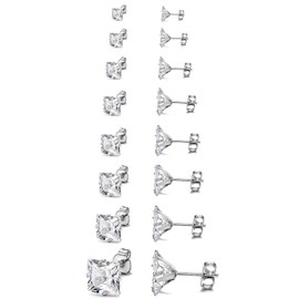 Aroncent 8 Pairs of Women's Square Stud Earrings with Cubic Zirconia, 3 - 10 mm, White/Black, Stainless Steel