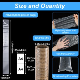 100-Pack Plastic Poster Sleeves, 6x50 Inch Long Plastic Bags & Poster Bags, 2 Mil Clear Flat Open Blueprint Tube for Large Narrow Items Storage, Waterproof