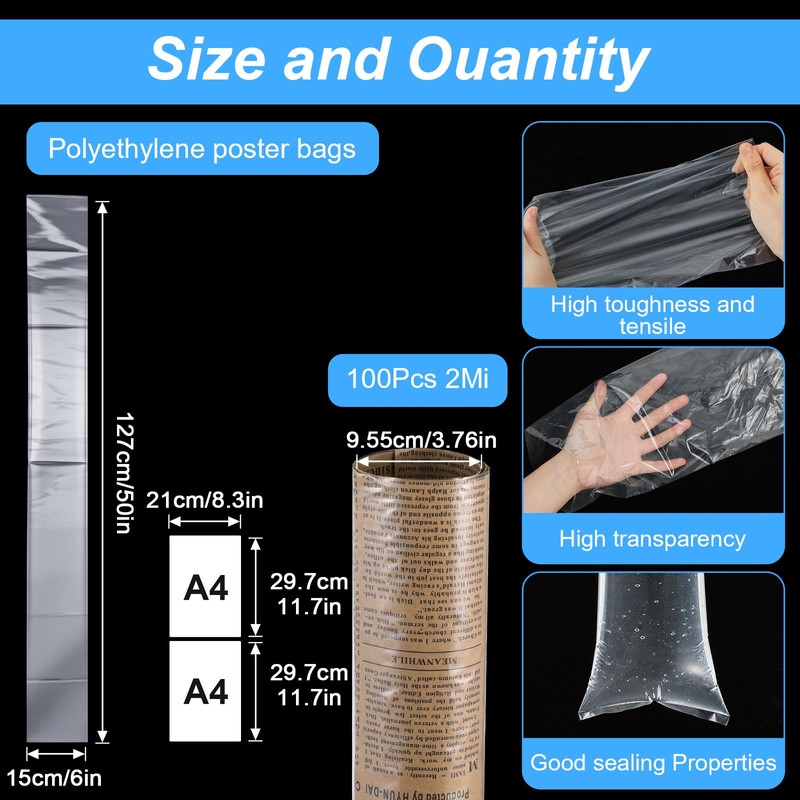 100-Pack Plastic Poster Sleeves, 6x50 Inch Long Plastic Bags &