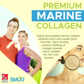 Marine Collagen British Made by SMUG Supplements - 90 Capsules - Type 1 Peptides - 1200mg Daily Serving of Collagen Powder in Three-a-Day Capsules - 30 Day Supply - Suitable for Both Men and Women