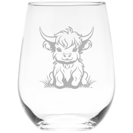 C M - Highland Cow Stemless Wine Glass - Highland Cow Themed Gift for Women and Men - 17 oz.
