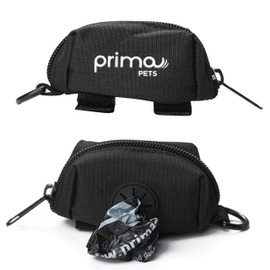 Prima Pets Dog Poop Bag Holder Leash Attachment, Includes 1 Roll of Poop Bags, Waste Bag Dispenser, Lightweight Fabric, Walking, Running or Hiking Accessory (Dispenser + 1 Roll, Black)