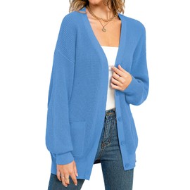 QUALFORT - Suéteres de punto de gran tamaño para mujer, 100% algodón, con botones, con bolsillos, cárdigan de otoño 2025, Azul/claro, Large