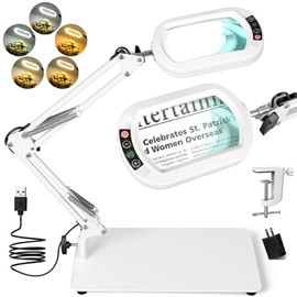 Drdefi Square Magnifying Glass with Light and Stand, Real Glass LED Lighted Magnifier, 5 Color Modes Stepless Dimmable, Hands Free Mag Desk Lamp with Clamp for Reading Craft Hobby Close Work