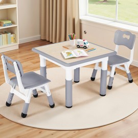 Arlopu Kids Table and 2 Chairs Set, Height Adjustable Toddler Desk, Baby Activity Art Table with Wipe-Clean Desktop, Ergonomic Chair, Anti-Slip Legs, Montessori Education for Daycare, Home, Preschool