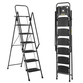 6-Step Ladder, 550lbs Max Load, Folding Step Stool with Tool Tray, Anti-Slip Pedals, Sturdy Steel, Lightweight Portable Ladder with Handrail for Home & Work Use, Black (6-Step, 550lbs Max Load)