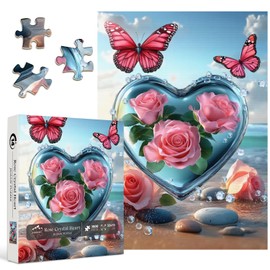 Crystal Heart Puzzles for Adults 1000 Pieces, PICKFORU Summer Beach Flower Puzzles for Adults Butterfly, Impossible Rose Love Theme as Wall Decor