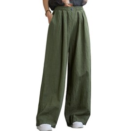 Aeneontrue Women's Linen Wide Leg Long Pants Casual Elastic Waist Summer Palazzo Trousers with Pockets Army Green X-Large