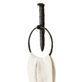 Rustic State Fred Wall Mount Railroad Spike Industrial Design Cast Iron Towel Ring with Hammered Effect Texture for Bathroom and Kitchen - Hand Towel Holder Hanger Rack - Black