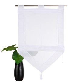 SIMPVALE 1 x Roman Blind Curtain with Tassel Decoration, Height Adjustable Transparent Voile Curtains, Modern Curtains for Bedroom, Bathroom, Kitchen, White, 45 x 140 cm