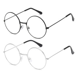 SOHUPAC 2 PCS Classic Round Glasses Retro Circle Eyeglasses Clear Lens Metal Frame Accessories Non-Prescription For Men Women (Black+Silver)
