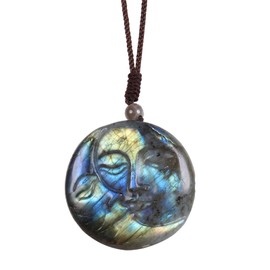 Nupuyai Hand-Carved Natural Labradorite Necklace for Unisex, Irregular Healing Labradorite Crystal Stone Pendant with Adjustable Cord, Sun Moon Face