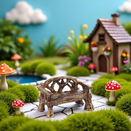 Mioaoa 2Pcs Brown Fairy Garden Furniture Ornaments Miniature Resin Chair Bench Doll House Decor Home Garden Miniatures Resin Micro Landscape Decoration Bench Furniture Outdoor Decor