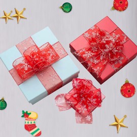 Christmas Ribbon Wired 2.5 Inch Snowflake Sheer Organza Glitter Ribbon for Gift Wrapping, Xmas Tree, Wreath, Party Decoration (Red, 10 Yards)