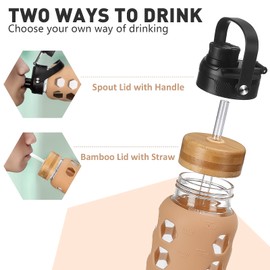 MUKOKO Glass Water Bottles, 24oz Glass Tumbler with Straw, Drinking Bottles with 2 Lids-Handle Spout Lid&Bamboo Straw Lid, Motivational Water Bottle with Time Marker and Silicone Sleeve, 1 Pack-Amber