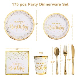 Tyzarglef 175PCS Happy Birthday Plates and Napkins Party Supplies, Gold Dot Paper Plates and Napkins with Gold Plastic Forks Knives Spoons Serve 25 Guests for Birthday Party Decorations
