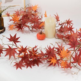 Artificial Maple Leaves Vines Garland 2Pcs 5.7Ft Fake Silk Vine Fall Maple Garland Autumn Leaves Greenery Hanging Plants Decor for Outdoor Indoor Home Thanksgiving Christmas Fireplace（Burgundy