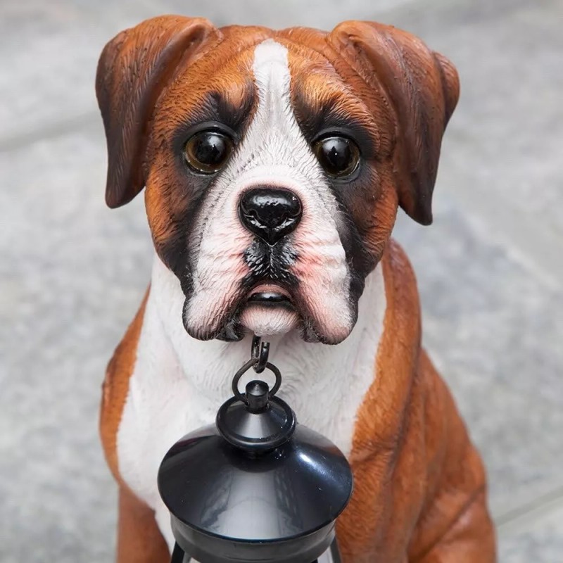 ATCS Realistic Boxer Puppy Dog Garden Sculpture Holding Solar LED