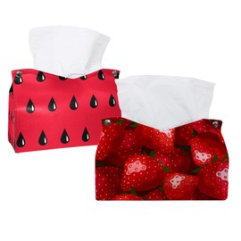2 Pack Tissue Box Cover Holder, Red Strawberries Print Rectangle Leather Tissue Case, Decorative Organizer for Tabletop, Bathroom, Car, Office