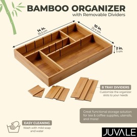 Kitchen Drawer Organizer with Removable Dividers - Silverware Organizer - Cabinet Organizer for Utensils and Cutlery - Utility Drawer, Bamboo, 14 x 10 x 2 Inches