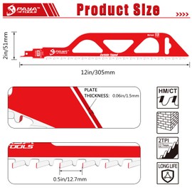 PAYA TOOLS Demolition Masonry Reciprocating Saw Blade, Carbide Blades for Cutting Aerated Concrete and Hollow Brick 305mm/12-Inch, 2TPI (2-Pack)