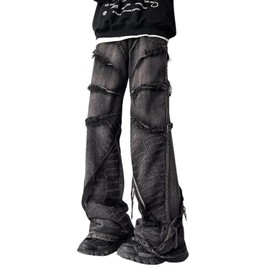 Hugboom Men's Baggy Jeans Y2k Hip Hop Pants Stacked Jeans for Women Mid Rise Fashion Grunge Streetwear Clothes Black-M