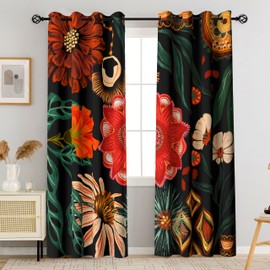 Tyrot Black Boho Floral 100% Blackout Curtains for Living Room 72 inch Long 2 Panels Mid Century Botanical Black Out Curtains for Bedroom Grommet Thermal Insulated Room Darkening Window Drapes,52Wx72L