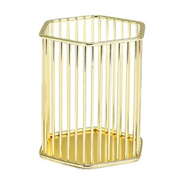 ZJEOSO Gold Metal Pen Holder for Desk - Heavy Duty Makeup Brush Organizer Cup with, Pencil Holder for Office & Home, Storage for Stationery/Cosmetics/Art Supplies, Matte Finish, 4.8 Inch (Hexagon)