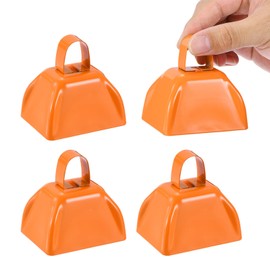 PATIKIL 4pcs Cow Bells for Football Games, 3inch Cowbells for Sporting Events Bulk Loud Noise Makers Metal Cow Bell with Handle for Cheering Competition Marathon Wedding, Orange