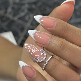 White French Tip Press on Nails Medium Almond Fake Nails Valentines Day Nails Press ons with Hollow Heart Design Reusable Artificial Nail Full Cover Stick on Nails for Women Manicure 24Pcs