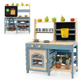 Costzon 2 in 1 Mud Kitchen, Fir Wood Outdoor Play Kitchen & Grocery Store w/Removable Sink, Water Box & Faucet, Stoves, Storage Bag, Metal Baskets, Double-Sided Kids Kitchen Playset for Boys Girls 3+