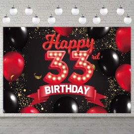 Happy 33rd Birthday Red and Black Banner Backdrop Decorations Balloons Theme Decor for Girls Women Princess 33 Years Old Birthday Party Bday Photo Booth Props Supplies Background Favors Glitter Gold