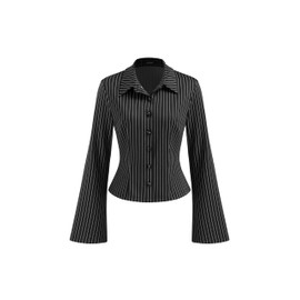 CIDER Womens Striped Button Down Blouse Bell Sleeves Fitted Dressy Casual Collared Crop Tops Y2K Office Siren Clothes Black