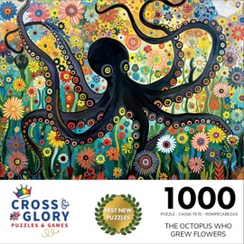 Cross & Glory - The Octopus Who Grew Flowers - 1000 Piece Jigsaw Puzzle for Adults | Vibrant Octopus and Floral Artwork | Challenging Puzzle for Adults | Eco-Friendly Materials