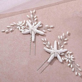 Brishow Bride Wedding Hair Pins Silver Pearl Hair Pin Starfish Hair Clips Bridal Hair Jewelry Accessories for Women and Girls (2 PCS) (Starfish hair pins)