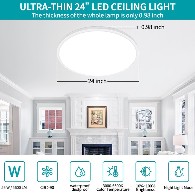 Glowall 24 Inch Large Flush Mount Ceiling Light Fixture, Ultra