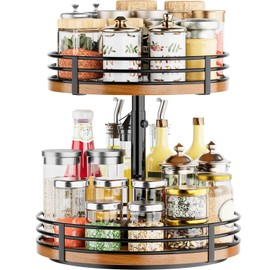 Lazy Susan Turntable Organizer Adjustable - 2 Tier Wood Rotating Spice Rack 12 Inch Lazy Susan for Kitchen Countertop Cabinet Pantry Cupboard Dining Table Bathroom Coffee Bar Home Storage