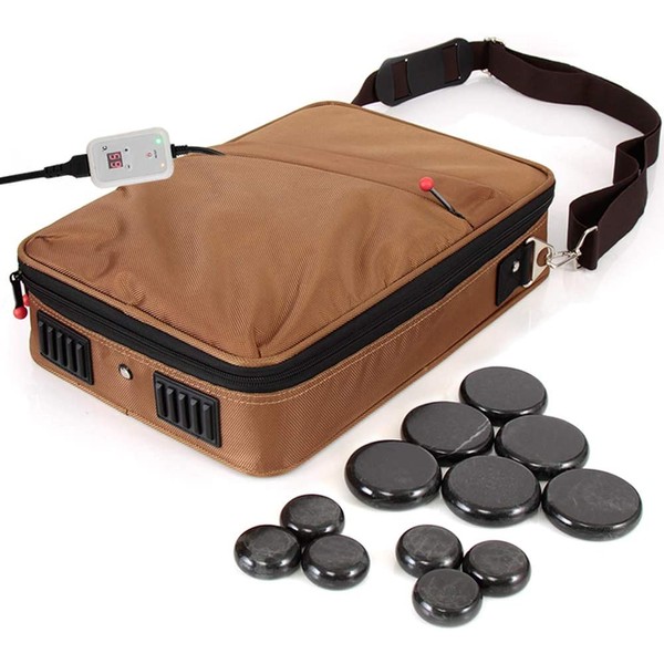 SereneLife Portable Hot Stone Massage Warmer Set & Spa Kit with Temperature Control, LCD Display, 6 Small, and 6 Large Round Basalt Stones, Brown