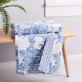 Levtex - Bennett - Quilted Throw - 50x60in. - Floral Paisley - Blue and White - Reversible Pattern - Cotton Fabric