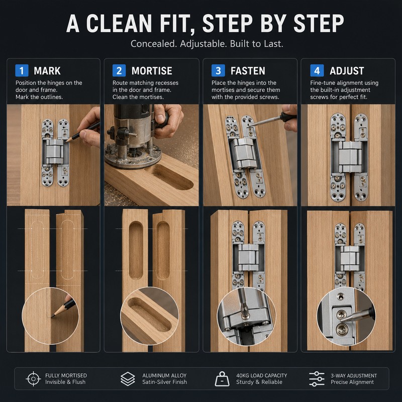 2-Piece 3D Adjustable Hidden Door Hinges, Concealed Cross Hinges for