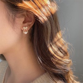 Rhinestone Bow Pearl Stud Earrings for Women Minimalist S925 Sterling Silver Ribbon Knot Hypoallergenic Pierced Earrings for Christmas Wedding Prom Jewelry