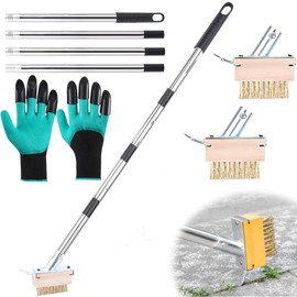 Fugenbürste Unkraut,Fugenkratzer mit 160 cm Edelstahl Stiel,2 Unkrautbürste, Gartenhandschuhen,Gartenbesenunkrautbürste,Abgewinkelten Stahldrahtborsten Unkrautbürste,Entfernt Mühelos Moos und Unkraut