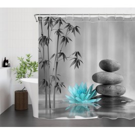 LB Zen Spa Shower Curtain Grey Bamboo Stone with Teal Water Lily in Water Bathroom Shower Curtain Teal and Gray Bathroom Curtain with Hooks 72Lx72W Inch Polyester Fabric Curtain