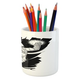 Ambesonne Astronaut Pencil Pen Holder, Sketch of Spaceman Grabbing a Star Achivement Discovery 0 Gravity Technology, Printed Ceramic Pencil Pen Holder for Desk Office Accessory, Black White