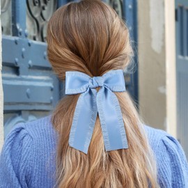 Nogeqi 2PCS Ribbon Blue Bows for Hair, Satin Ruffle Bow Hair Clip with Long Tail, Cute Ribbon Hair Bow Barrettes for Women Girls Ponytail Holder Accessories