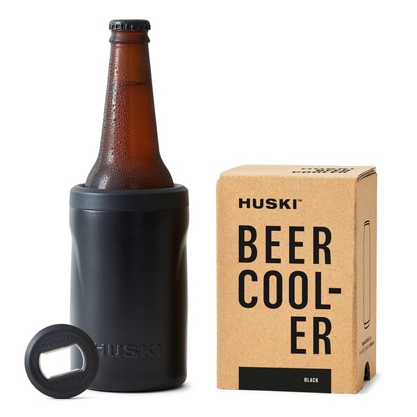Huski Beer Cooler 2.0 | New | Premium Can and Bottle Holder | Triple Insulated Marine Grade Stainless Steel | Detachable 3-in-1 Opener | Works as a Tumbler | Best Gifts for Beer Lovers (Black)